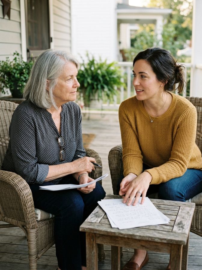 Widow discussing survivor benefits with an adult child on a front porch