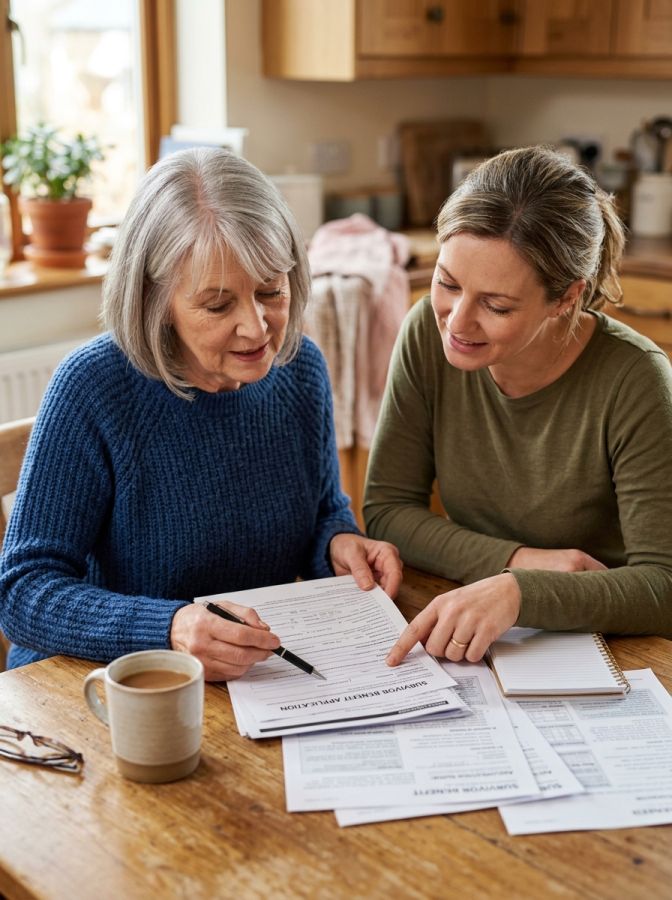 Widow reviewing survivor benefit paperwork with a family member at a kitchen table