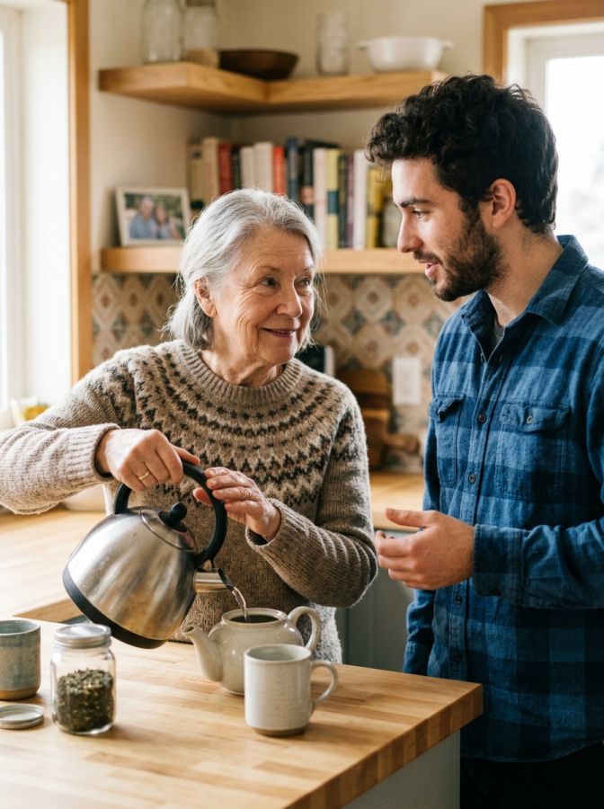 Widow receiving supportive help with daily care at home