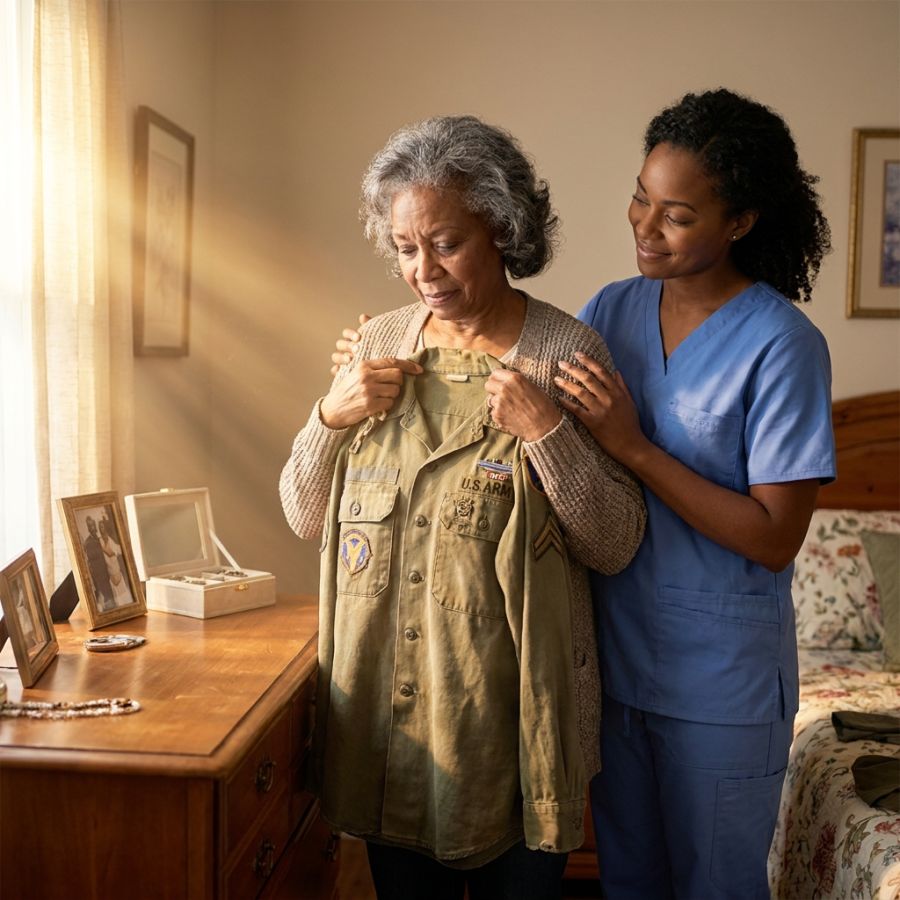 Surviving spouse holding a veteran uniform with a caregiver
