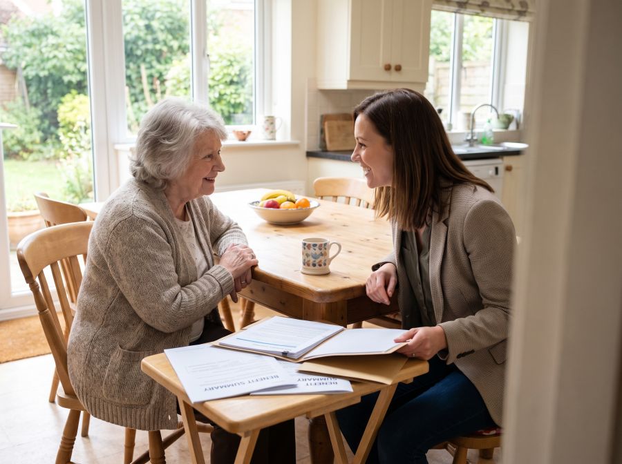 Surviving spouse discussing benefits with a specialist at a kitchen table