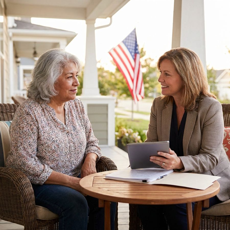 Surviving spouse meeting with a benefits specialist on a porch