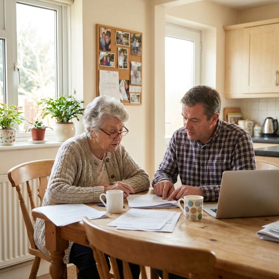 Surviving spouse reviewing benefit paperwork at a kitchen table
